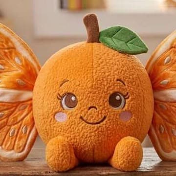 Orange concept render — a plush orange with embroidered butterfly wings