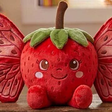 Strawberry concept render — a plush strawberry with embroidered butterfly wings