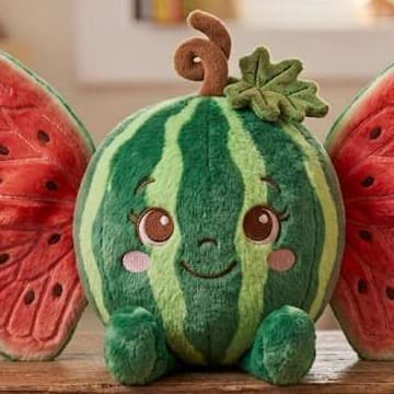 Watermelon concept render — a plush watermelon with embroidered butterfly wings
